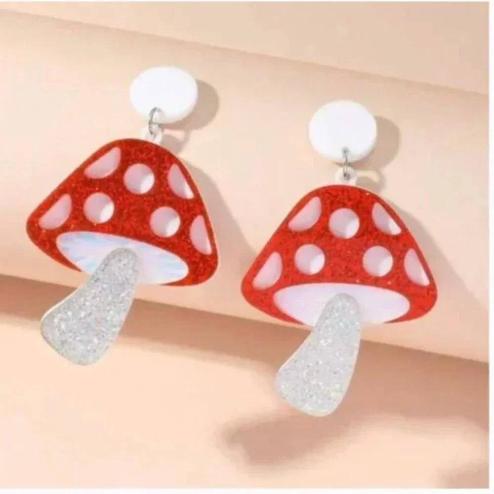 ⭐️❤️FREE Mushroom Sparkle Shine Glitter Plant Hipster Hippie Artsy Drop Earrings